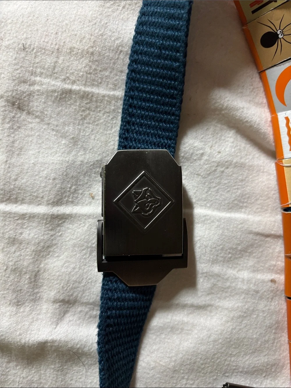 Navy Boy Scouts Blue Webbing Belt with Tile Badges.